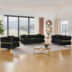 3 Piece Velvet Tufted Chesterfield Sofa Set, Vintage Black and Gold Couch Luxury Sofas for Living Room Set, Retro Armchair, Victorian Loveseat and 3 Seater Couch with Pillows, Black