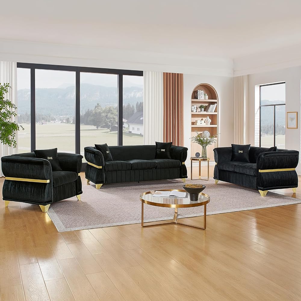 3 Piece Velvet Tufted Chesterfield Sofa Set, Vintage Black and Gold Couch Luxury Sofas for Living Room Set, Retro Armchair, Victorian Loveseat and 3 Seater Couch with Pillows, Black