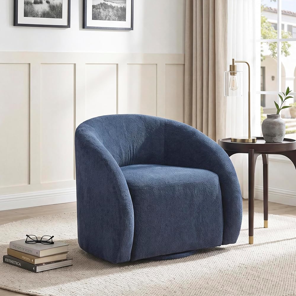 Lexicon Accent Chair, Swivel Barrel Chair, Blue Microfiber