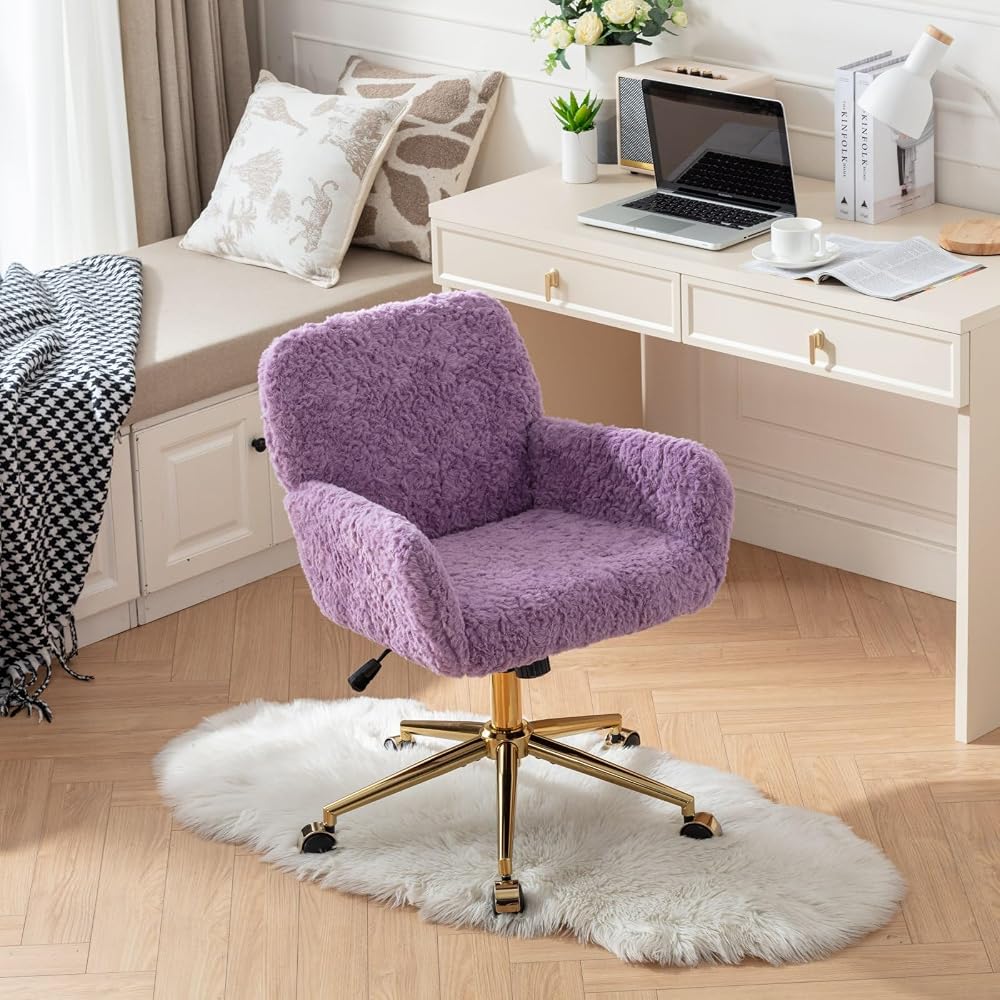 Furniture Office Chair,Artificial Rabbit Hair Home Office Chair with Golden Metal Base,Adjustable Desk Chair Swivel Office Chair,Vanity Chair(Violet)