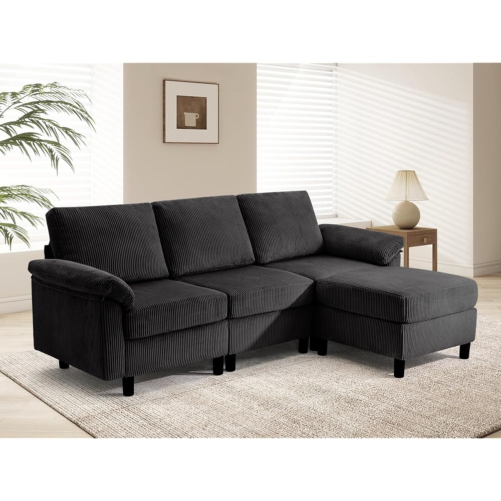 85" Modular Sectional Sofa with Storage, 3-Seat Corduroy Memory Foam Cloud Couch, L Shaped Modern Sectional Sofa Set with Movable Ottoman,Black