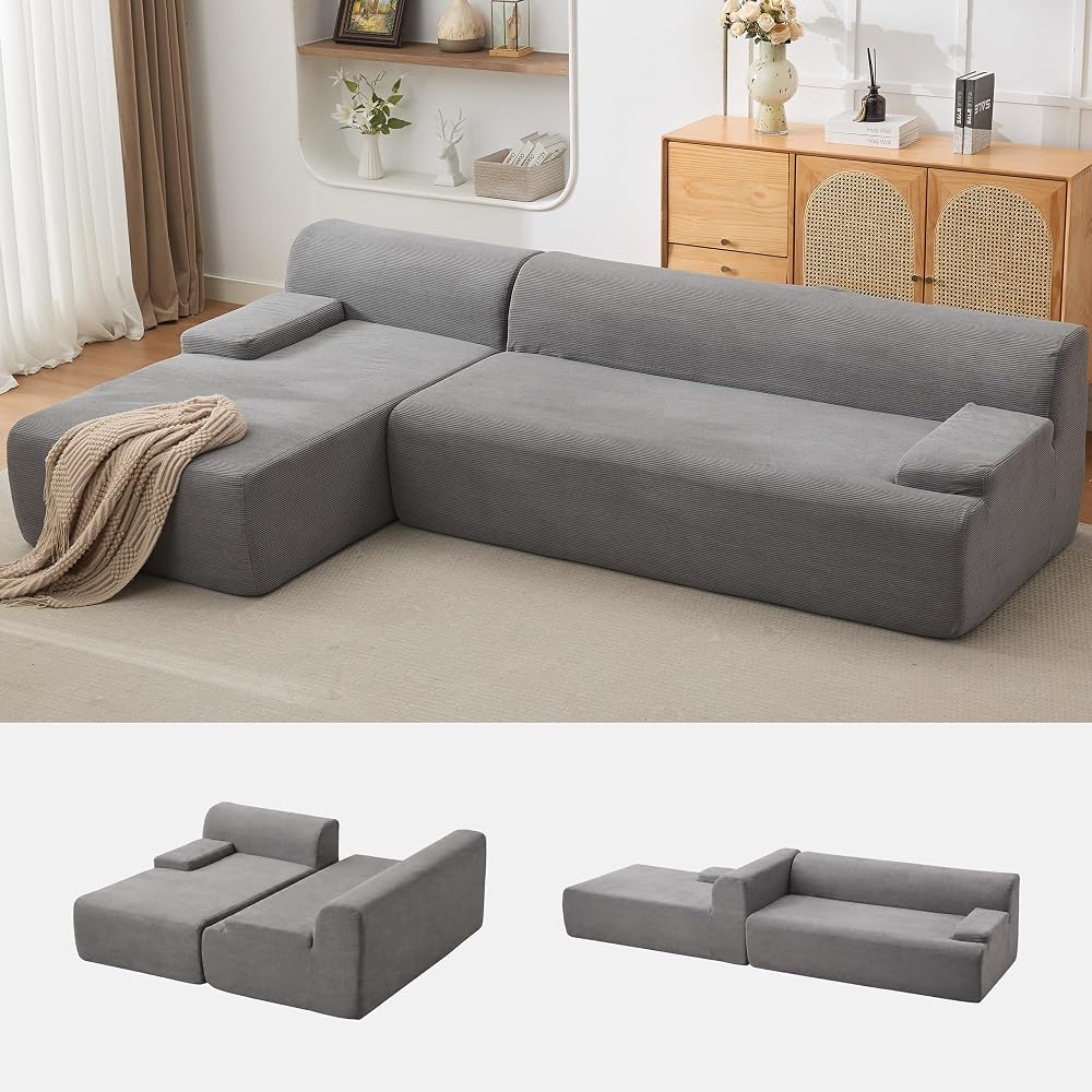Garvee 108'' Modular Sectional Sofa, Left Facing Chaise L-Shaped Boneless Couch, Ultra Deep Seat Modern Sectional Sofa for Living Room, 5mm Wale Corduroy Fabric, Gary