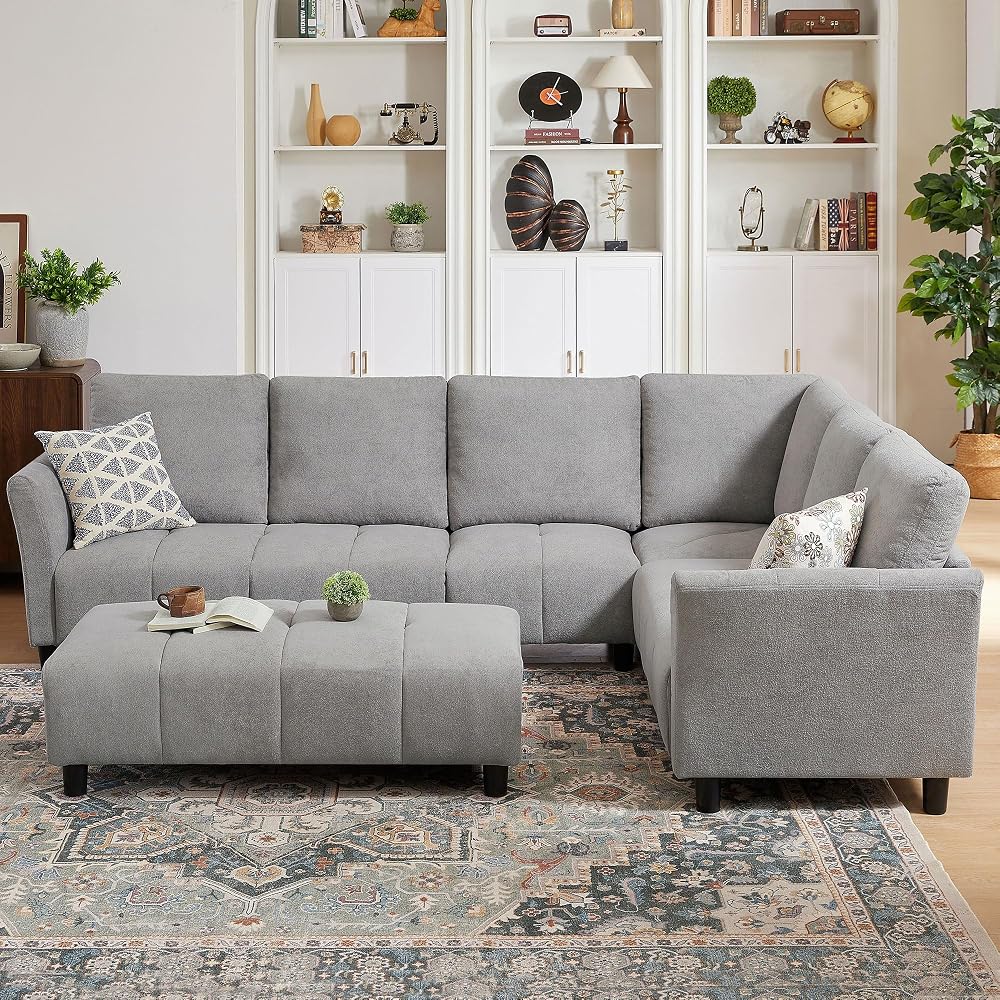 Modular Sectional Sofa, L-Shaped Sectional Couch with Movable Ottoman, Removable Covers, Comfy Sectionals Set for Living Room,Office (Light Grey, 6-Seats)